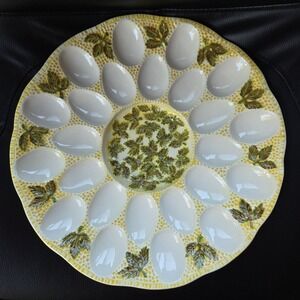 Vintage 13" Ceramic 24 Deviled Egg Tray Plate Platter Yellow/White leaves 1970s